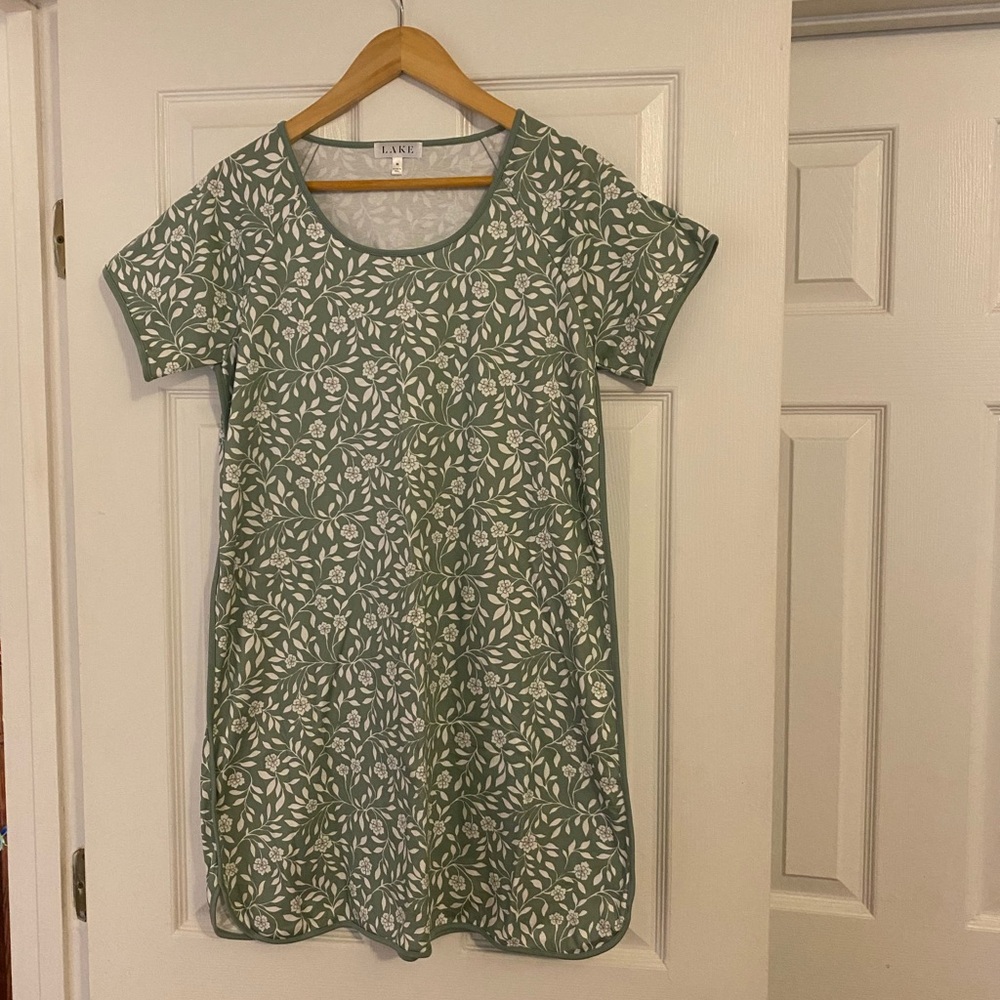 LAKE NWOT Pima Cotton Nightgown Granite Green Cecil Floral!
